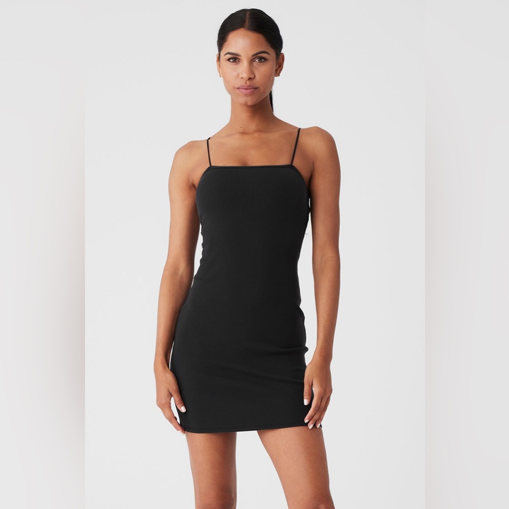 Alo Yoga Goddess Ribbed Dress Black Size Medium